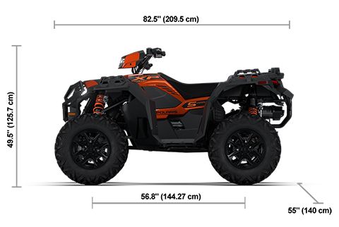 Side view of the Lava Orange Metallic 2026 Polaris Sportsman XP 1000 S with height, width and length dimensions.