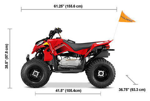 Side view of the Indy Red 2027 Polaris Outlaw 110 EFI with height, width and length dimensions.