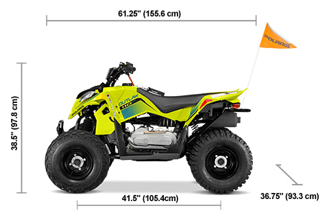 Side view of the Lime Squeeze 2027 Polaris Outlaw 110 EFI with height, width and length dimensions.