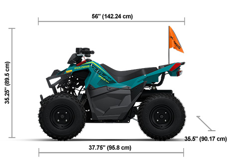 Side view of the Radiant Green 2026 Polaris Outlaw 70 EFI with height, width and length dimensions.