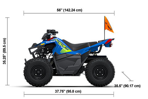 Side view of the Velocity Blue / Lifted Lime 2026 Polaris Outlaw 70 EFI with height, width and length dimensions.