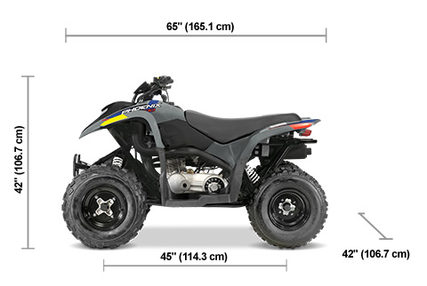 Side view of the Storm Gray 2027 Polaris Phoenix 200 with height, width and length dimensions.