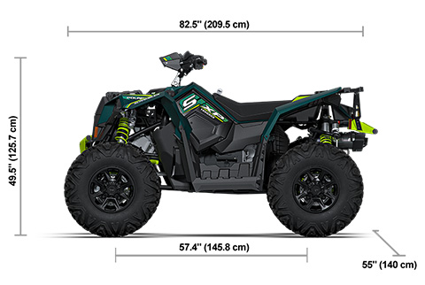 Side view of the Matte Cascades Green 2027 Polaris Scrambler XP 1000 S with height, width and length dimensions.