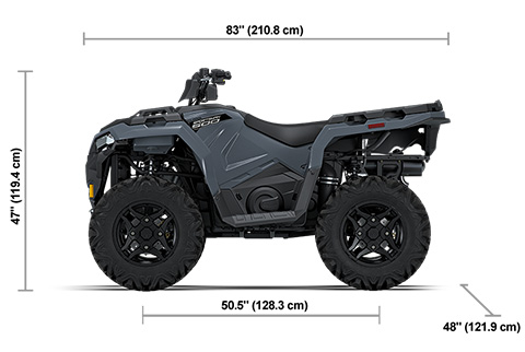 Side view of the 2027 Polaris Sportsman 500 EPS Stealth Gray with height, width and length dimensions.