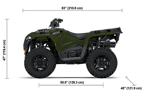 Side view of the 2027 Polaris Sportsman 500 Sage Green with height, width and length dimensions.