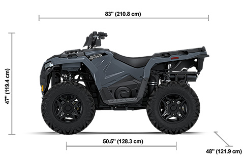 Side view of the 2027 Polaris Sportsman 500 Stealth Gray with height, width and length dimensions.