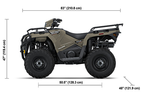 Side view of the Desert Sand 2027 Polaris Sportsman 600 EPS with height, width and length dimensions.