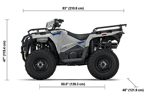 Side view of the Ghost Gray 2027 Polaris Sportsman 600 EPS with height, width and length dimensions.