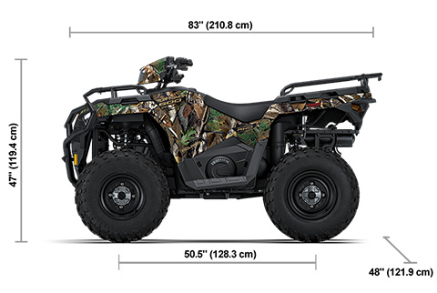 Side view of the Polaris Pursuit Camo 2027 Polaris Sportsman 600 EPS with height, width and length dimensions.