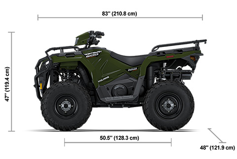 Side view of the Sage Green 2027 Polaris Sportsman 600 EPS with height, width and length dimensions.