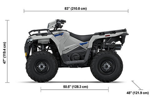 Side view of the Ghost Gray 2027 Polaris Sportsman 600 with height, width and length dimensions.