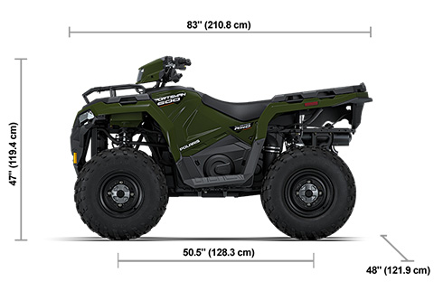 Side view of the Sage Green 2027 Polaris Sportsman 600 with height, width and length dimensions.