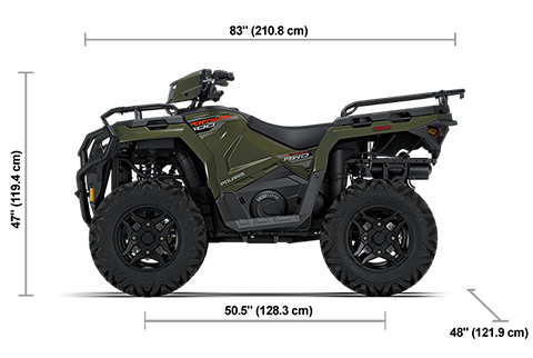 Side view of the Treeline Green Metallic 2027 Polaris Sportsman 600 Premium with height, width and length dimensions.