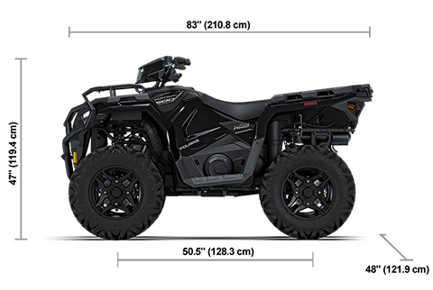 Side view of the Onyx Black 2027 Polaris Sportsman 600 Trail with height, width and length dimensions.