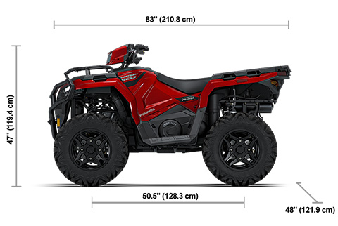 Side view of the Sunset Red 2027 Polaris Sportsman 600 Trail with height, width and length dimensions.
