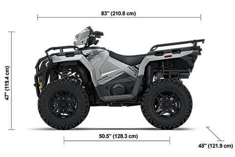 Side view of the Turbo Silver 2027 Polaris Sportsman 600 Ultimate with height, width and length dimensions.