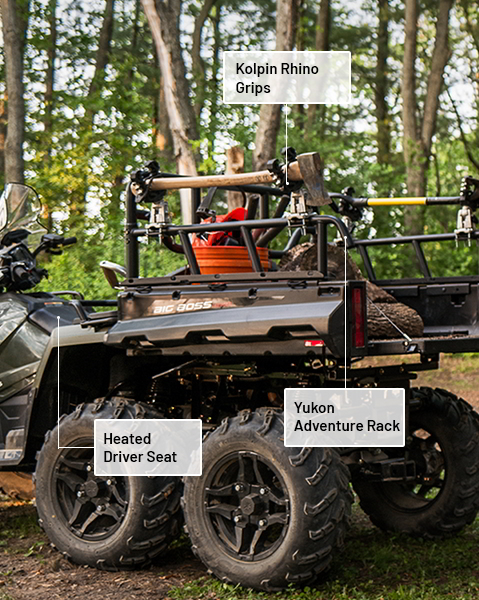 Lock and Ride Windshield, Kolpin Rhino Grips, Yukon Adventure Rack and Heated Driver Sear accessories installed on a 2027 Polaris Sportsman 6x6 600 2-up ATV.
