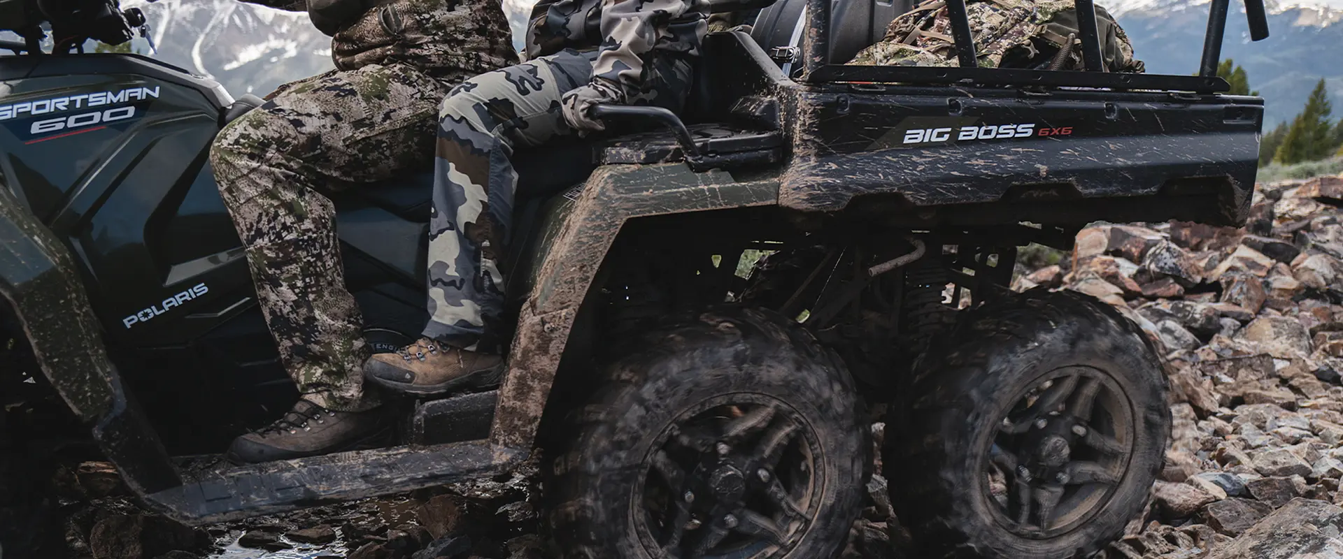 Closeup of the tires on a 2027 Polaris Sportsman 6x6 600 2-up ATV.