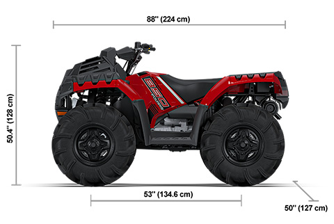Vista lateral del Polaris Sportsman 850 Mud Edition de 2027 en Fury Red con dimensiones de altura, ancho y longitud.