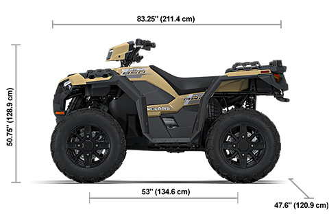 Side view of the Military Tan 2027 Polaris Sportsman 850 EPS with height, width and length dimensions.