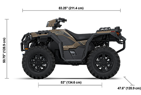 Side view of the Nara Bronze 2027 Polaris Sportsman 850 Trail with height, width and length dimensions.