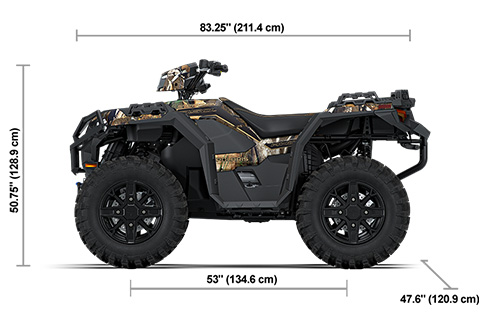 Side view of the Polaris Pursuit Camo 2027 Polaris Sportsman 850 Trail with height, width and length dimensions.