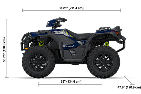 Side view of the Springfield Blue 2027 Polaris Sportsman 850 Trail with height, width and length dimensions.