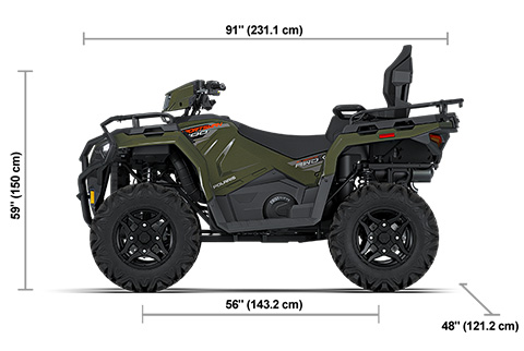 Side view of the Treeline Green Metallic 2027 Polaris Sportsman Touring 600 Premium with height, width and length dimensions.