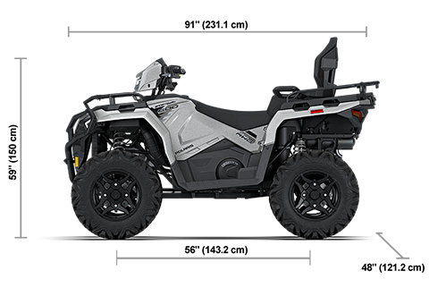 Side view of the Turbo Silver 2027 Polaris Sportsman Touring 600 Ultimate with height, width and length dimensions.