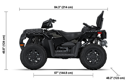 Side view of the Onyx Black 2027 Polaris Sportsman Touring 850 Premium with height, width and length dimensions.