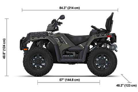 Side view of the Heavy Metal 2027 Polaris Sportsman Touring XP 1000 Trail with height, width and length dimensions.