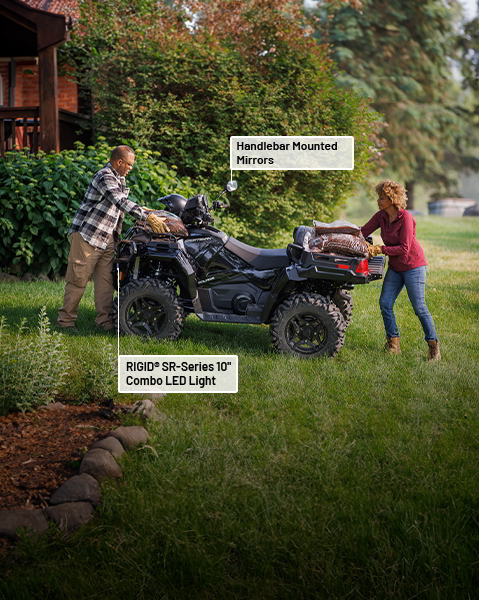 RIGID SR-Series 10-inch Combo LED Light and Pod Bag & Handlebar Mounted Mirror on a 2027 Polaris Sportsman X2 600 2-up ATV.