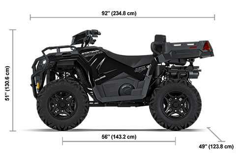 Side view of the Onyx Black 2027 Polaris Sportsman X2 600 with height, width and length dimensions.