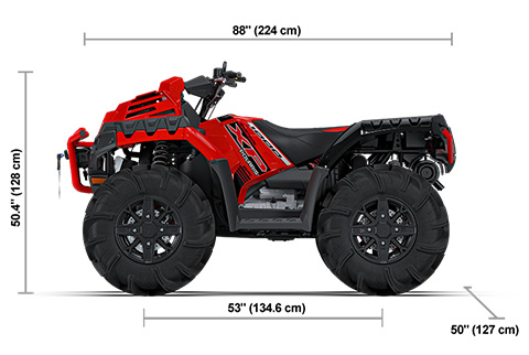 Vista lateral del Sportsman XP 1000 Mud Edition de 2027 en Indy Red Pearl con dimensiones de altura, ancho y longitud.