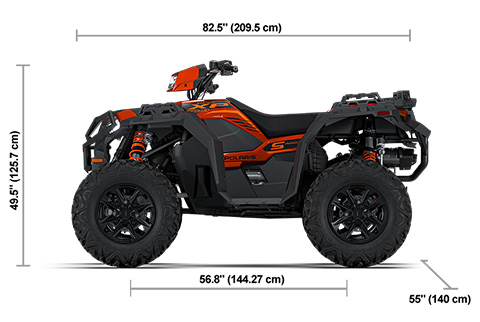 Side view of the Lava Orange Metallic 2027 Polaris Sportsman XP 1000 S with height, width and length dimensions.