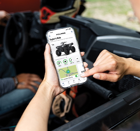 A person using the RIDE COMMAND app for their 2027 Polaris Sportsman XP 1000 ATV.