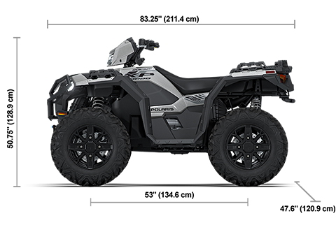 Side view of the Turbo Silver 2027 Polaris Sportsman XP 1000 Ultimate with height, width and length dimensions.