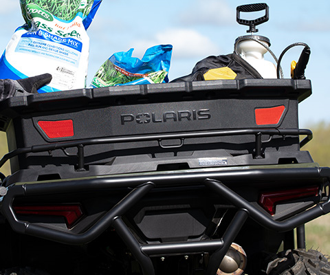 Closeup of the back cargo box filled with tools on a sportsman