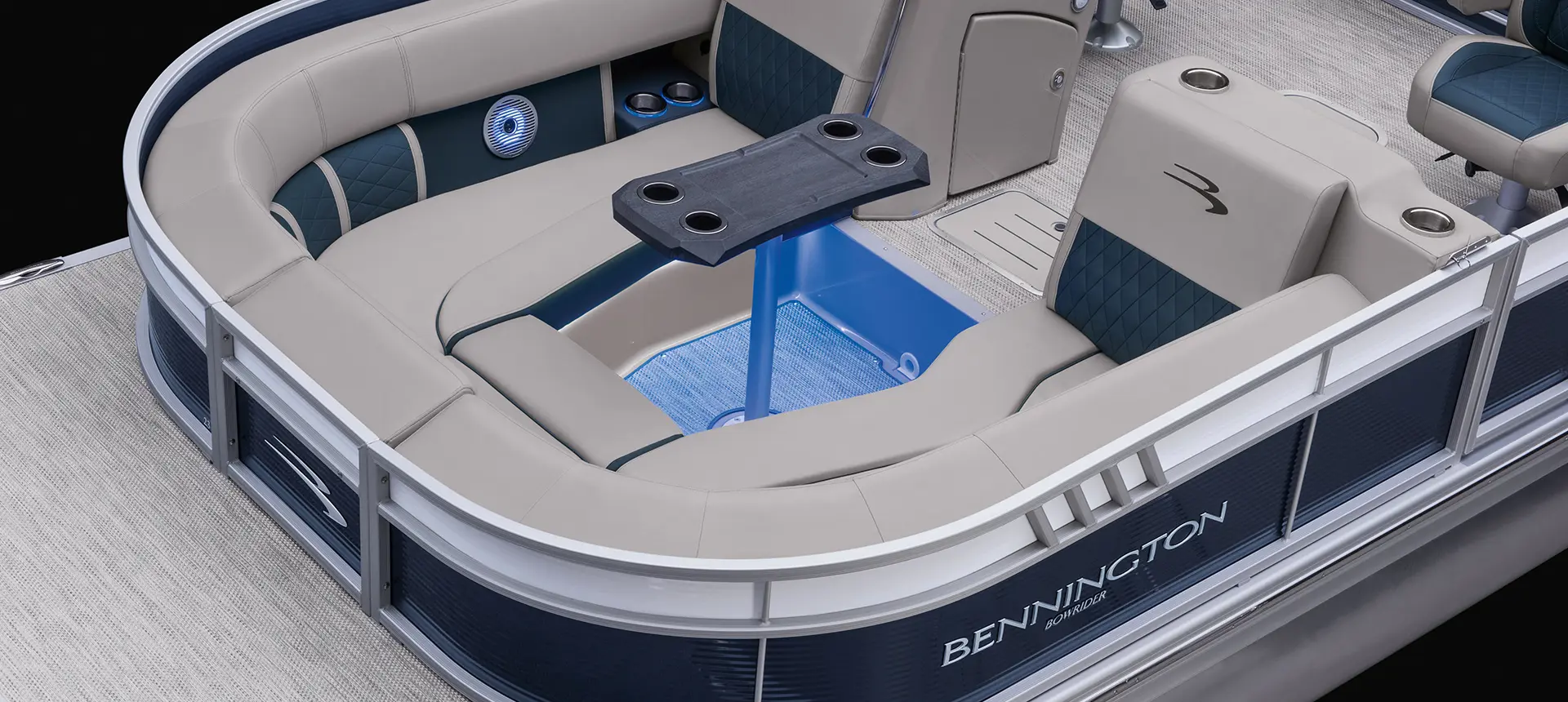 aerial view of the bow furniture layout on a bennington l bowrider pontoon boat