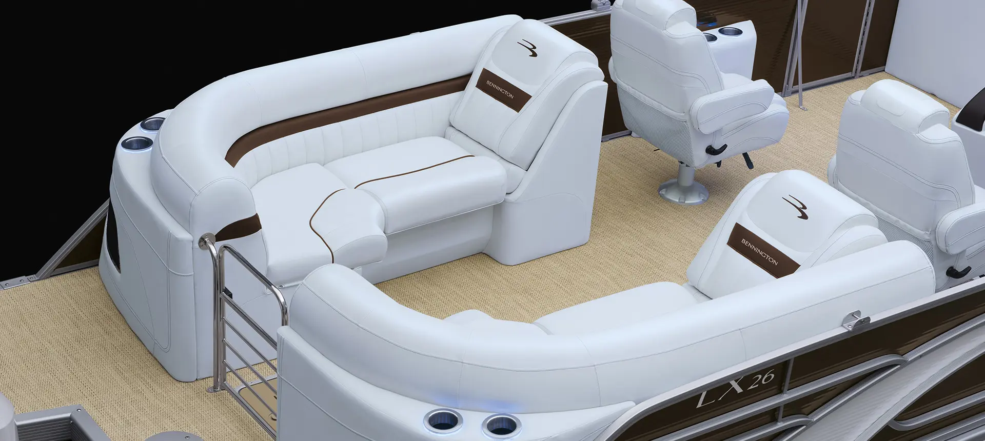 Bennington LX pontoon with the quad bench floor plan
