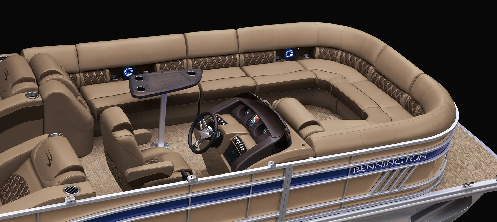 aerial view of a bennington lx pontoon boat with stern lounge floor plan