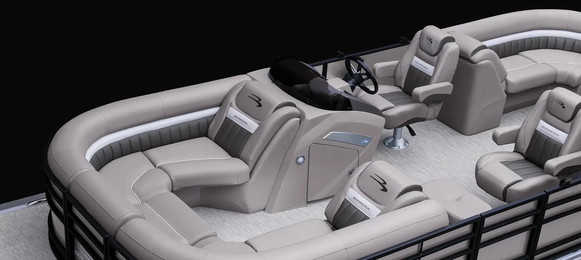 aerial view of the bow seating on a bennington lx pontoon boat with quad bench floor plan
