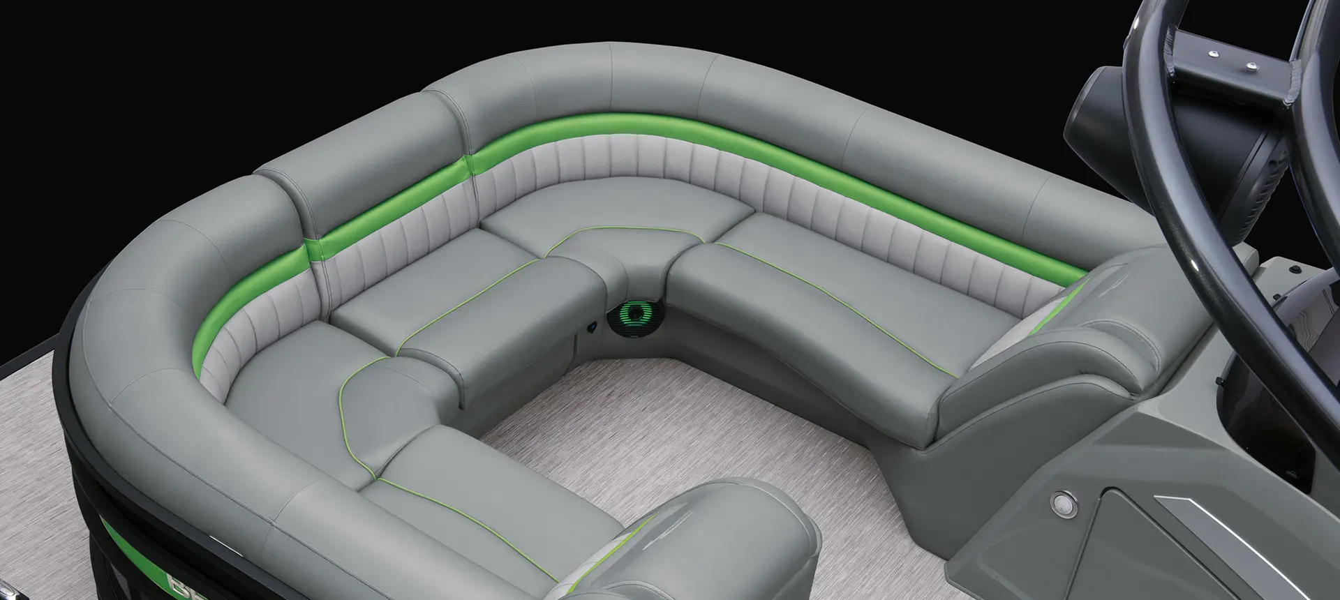aerial view of the bow seating on a bennington lx pontoon boat