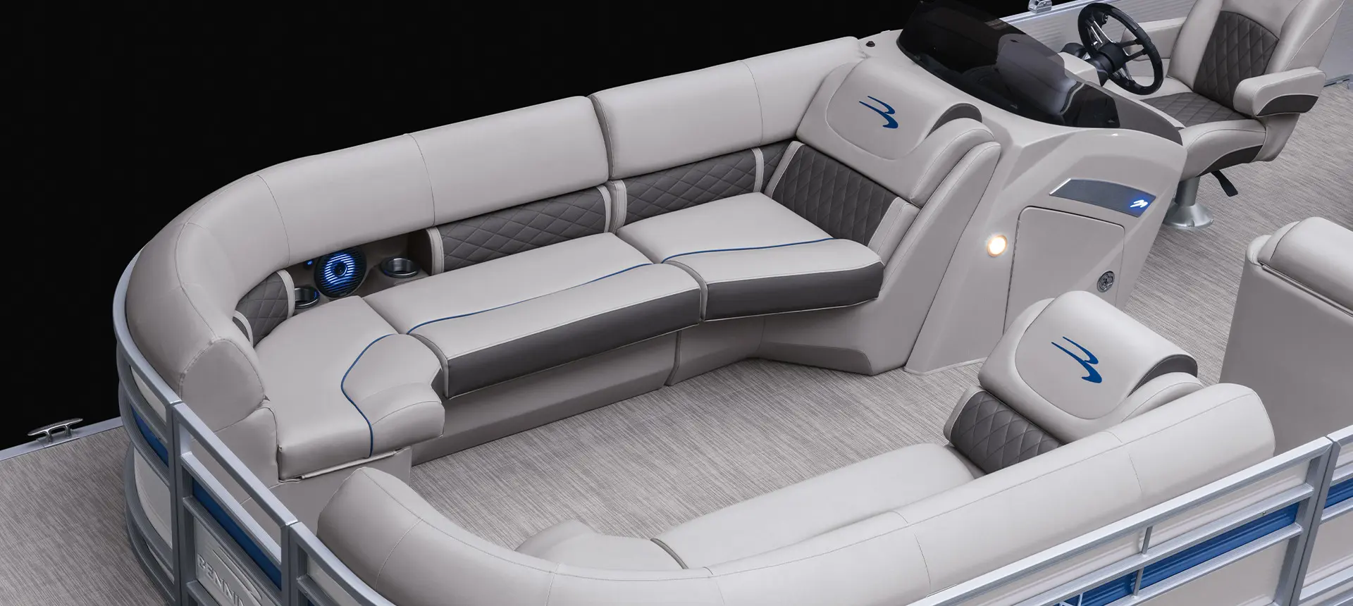 Inside look of a furniture layout on a bennington lx pontoon boat