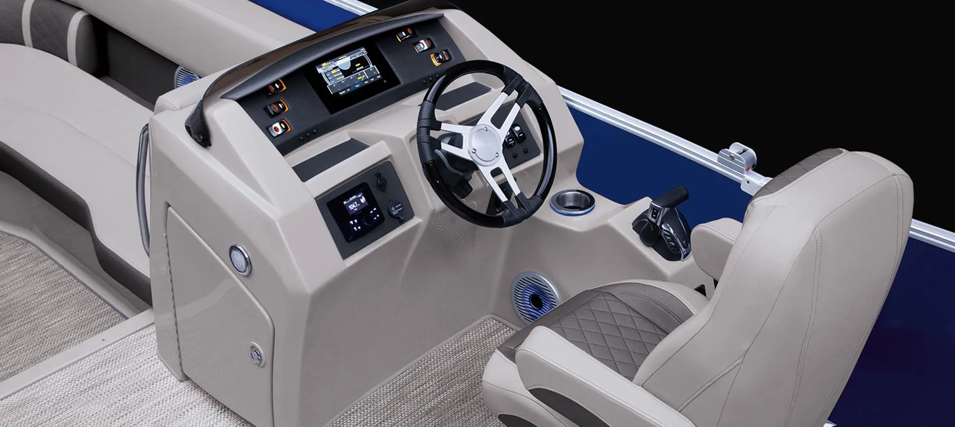 captain's chair and steering console on a bennington l bowrider pontoon boat