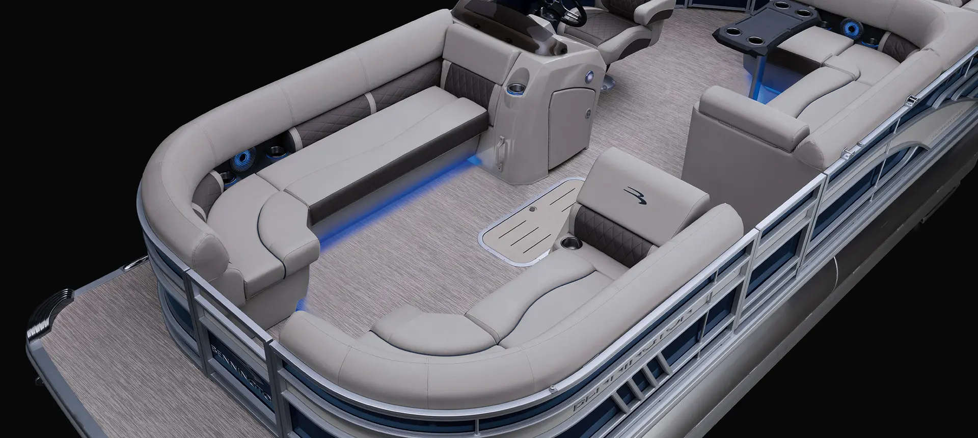 bow seating on a bennington l pontoon boat with l-bench floor plan