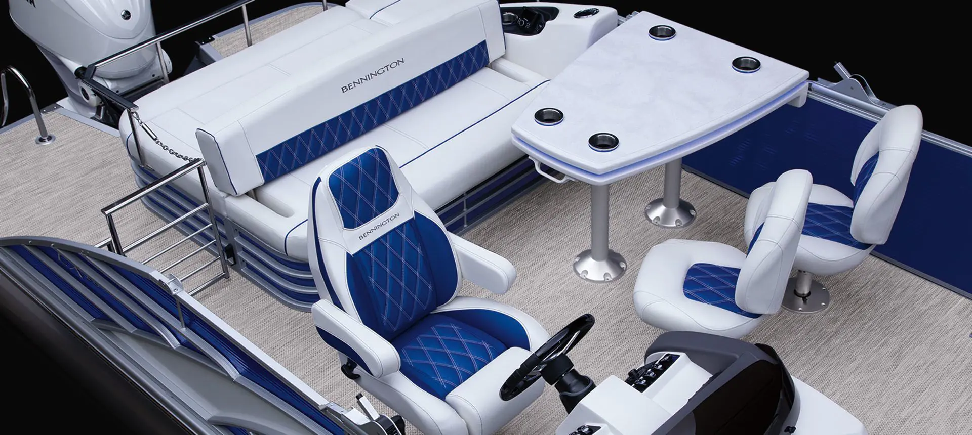 aerial view of the captain's chair and table seating on a bennington lx pontoon boat