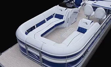 aerial view of the bow seating on a bennington lx pontoon boat with entertainment floor plan