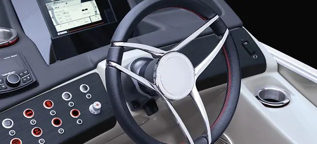 steering wheel on the helm of a Bennington Q Pontoon Boat