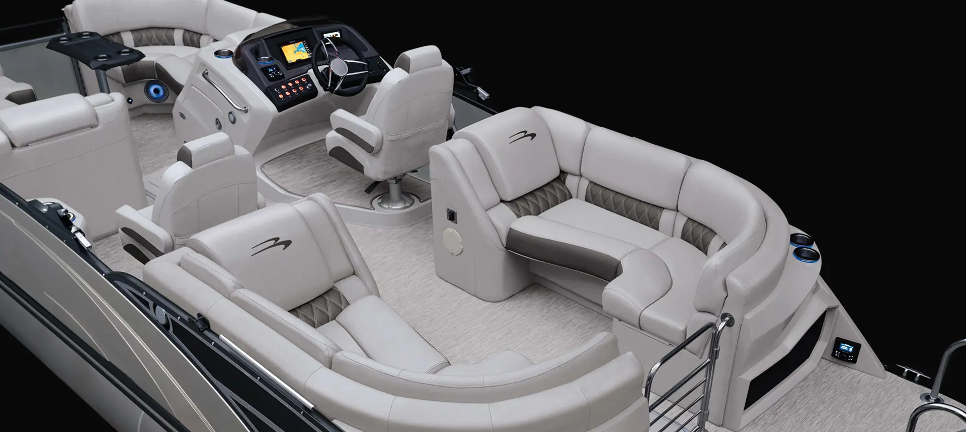 view of a quad bench layout on a Bennington QX pontoon